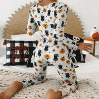 Mandotos Halloween printed long sleeve jumpsuit, cozy home pajamas with festive spooky design and comfortable fit.
