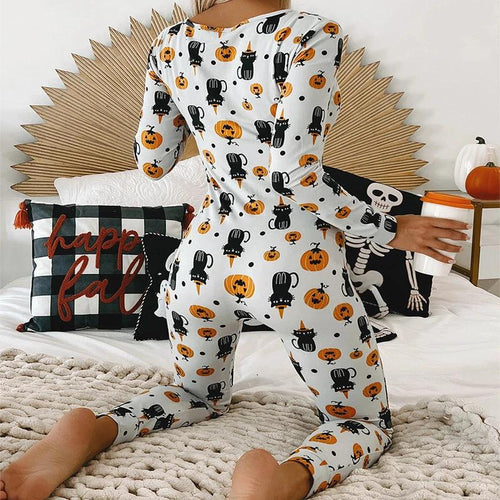 Mandotos Halloween printed long sleeve jumpsuit, cozy home pajamas with festive spooky design and comfortable fit.