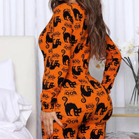 Mandotos Halloween printed long sleeve jumpsuit, cozy home pajamas with festive Halloween design and comfortable fit.