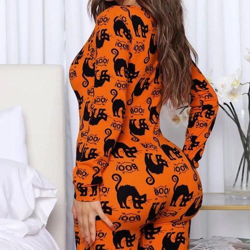 Mandotos Halloween printed long sleeve jumpsuit, cozy home pajamas with festive Halloween design and comfortable fit.