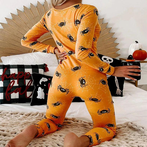 Mandotos Halloween printed long sleeve jumpsuit for home pajamas, featuring festive spooky designs and comfortable fit.