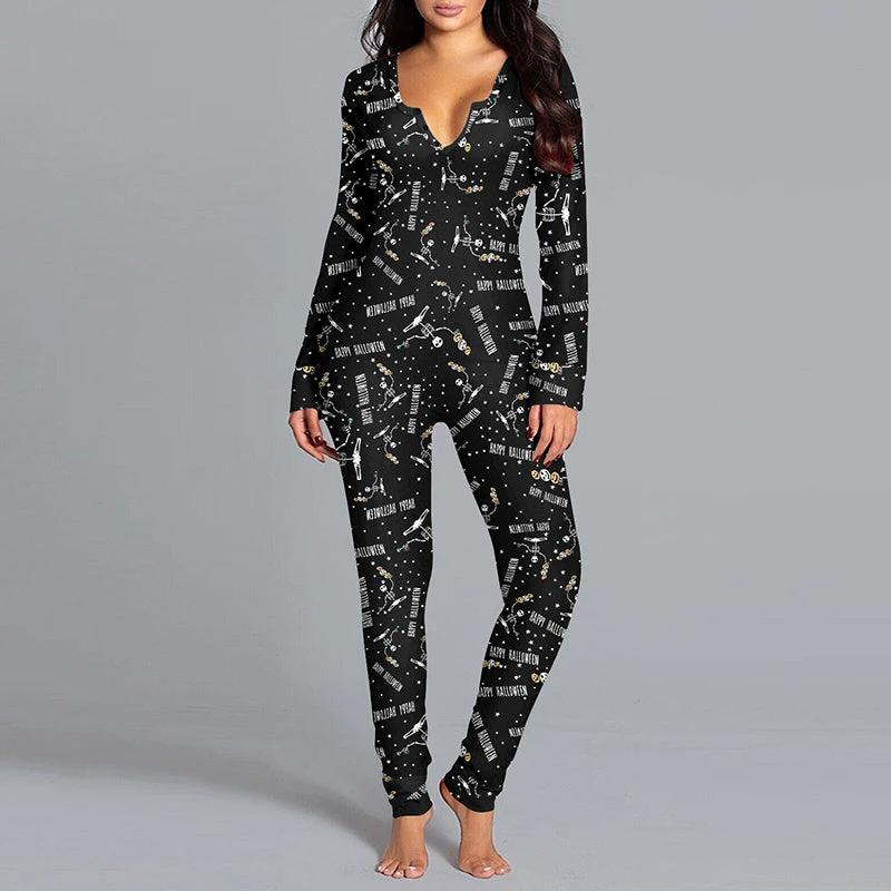 Mandotos Halloween printed long sleeve jumpsuit, cozy home pajamas with festive Halloween design and comfortable fit.