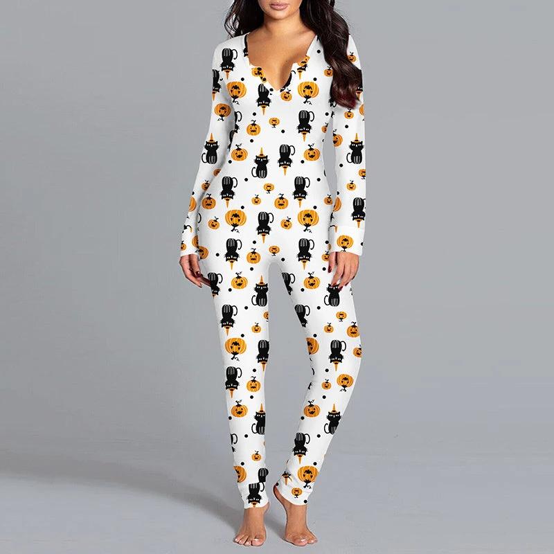 Mandotos Halloween printed long sleeve jumpsuit for home pajamas, featuring festive spooky design and comfortable fit.
