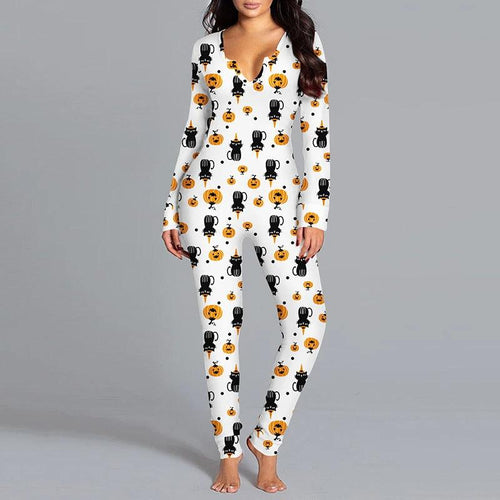 Mandotos Halloween printed long sleeve jumpsuit for home pajamas, featuring festive spooky design and comfortable fit.