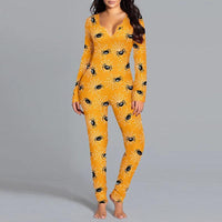 Mandotos Halloween printed long sleeve jumpsuit, cozy home pajamas with festive Halloween design, perfect for staying comfortable.