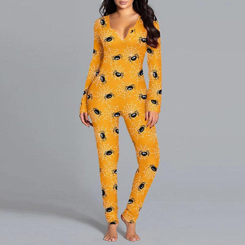 Mandotos Halloween printed long sleeve jumpsuit, cozy home pajamas with festive Halloween design, perfect for staying comfortable.
