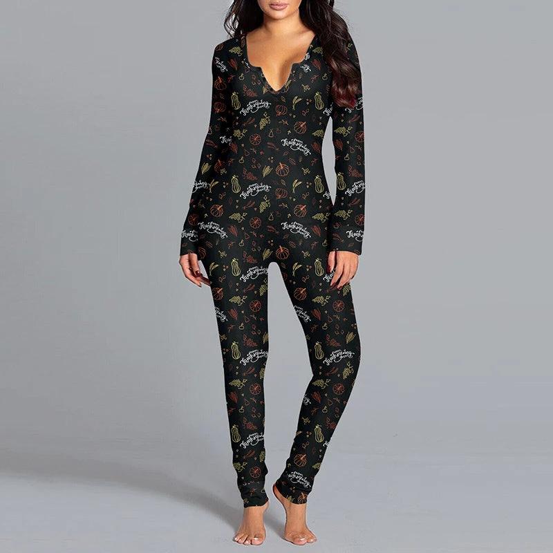 Mandotos Halloween printed long sleeve jumpsuit, cozy home pajamas featuring festive spooky designs for Halloween comfort.