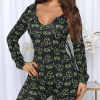Mandotos Halloween printed long sleeve jumpsuit, cozy home pajamas with festive spooky design and comfortable fit.