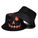 Mandotos Halloween pumpkin fisherman hat with a cartoon grimace print, featuring bright orange pumpkin design and playful spooky details.