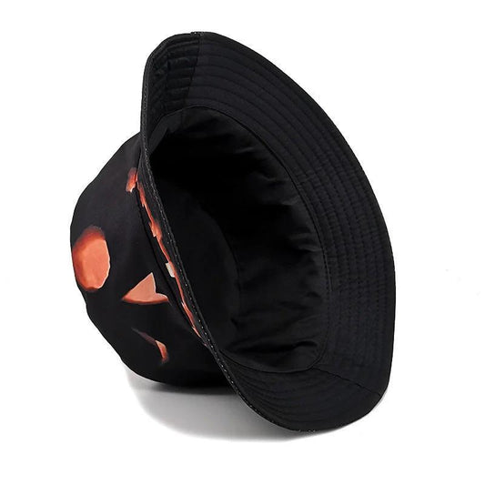 Mandotos Halloween pumpkin fisherman hat with a creative cartoon grimace print, perfect for festive costume accessorizing.