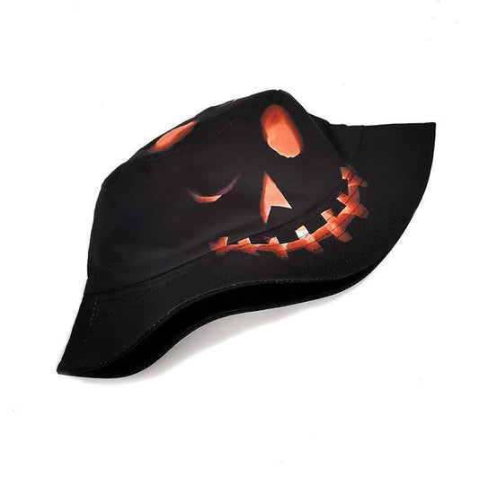 Mandotos Halloween pumpkin fisherman hat featuring a creative cartoon grimace print, perfect for festive costumes.