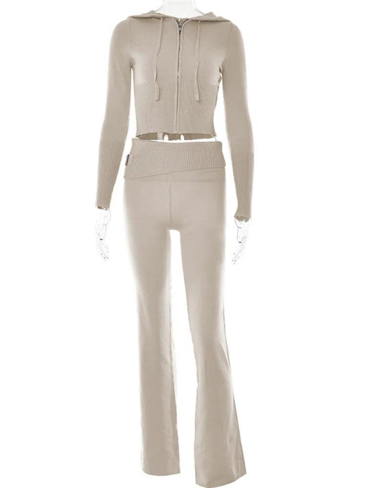 Mandotos women's hoodie suit set with zip-up long sleeve sweater and high-waist long pants, casual leisure wear.