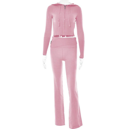 Mandotos women's hoodie suit with zip long sleeve sweater and high-waist long pants, casual and stylish leisurewear set.