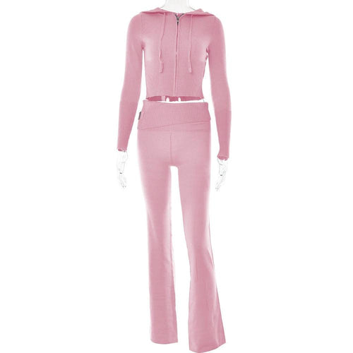 Mandotos women's hoodie suit with zip long sleeve sweater and high-waist long pants, casual and stylish leisurewear set.