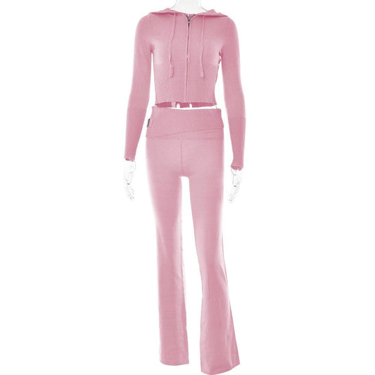 Mandotos women's hoodie suit with zip long sleeve sweater and high-waist long pants, casual and stylish leisurewear set.