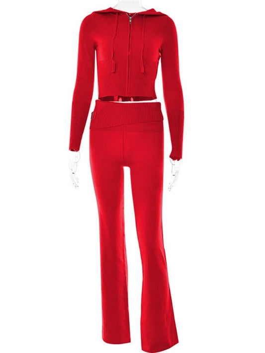 Mandotos women's hoodie suit with zip-up long-sleeve sweater and high-waist long pants, casual and stylish leisurewear ensemble.