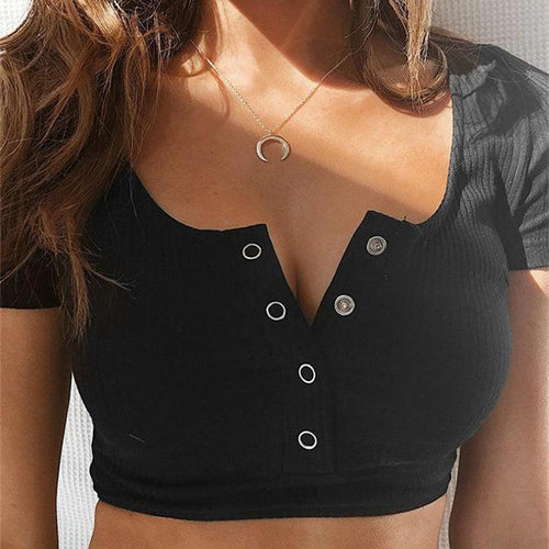 Mandotos Inspired Threads women's crop button T-shirt with flattering fit and stylish design, shown in a casual wear setting.