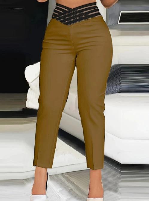 Mandotos women's solid color hollow high-waist casual pants, slim fit, fashionable and comfortable for everyday wear.