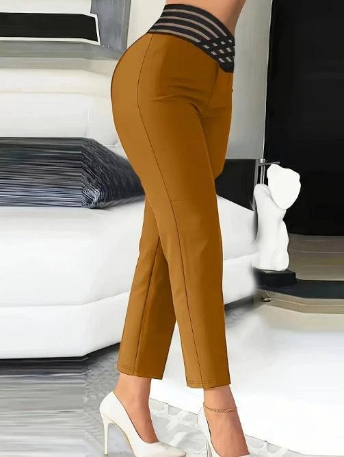 Mandotos ladies' solid color hollow high waist slimming casual pants, stylish and comfortable for everyday wear.