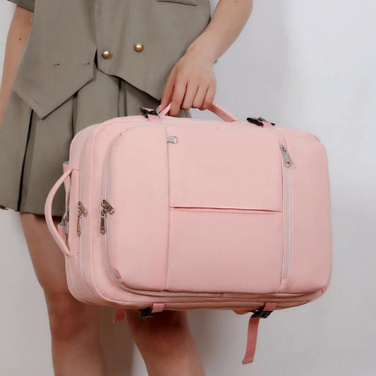 Large capacity MANDOTOS backpack with multiple pockets, ideal for travel and computer storage, shown with adjustable straps and compartments.