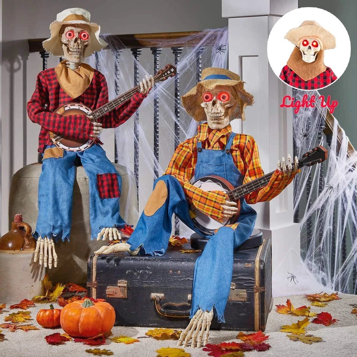 Light-up guitarist skeleton Halloween decoration by MANDOTOS featuring a spooky skeleton playing an electric guitar.