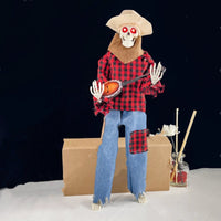 Light-up guitarist skeleton Halloween decoration by MANDOTOS, featuring spooky skeleton figure holding a guitar with glowing lights.