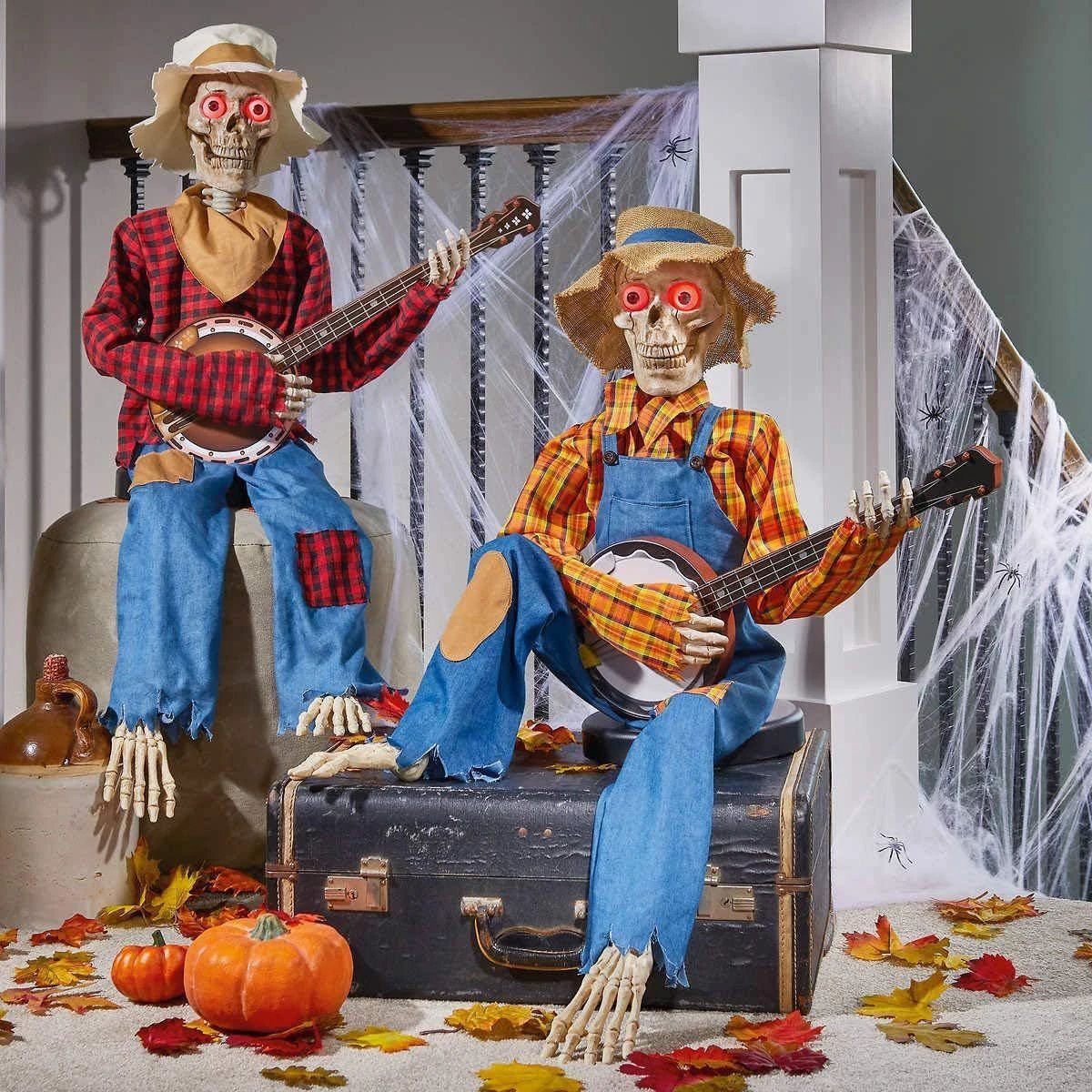 Mandotos light-up guitarist skeleton Halloween decoration featuring a spooky skeleton figure with a guitar, perfect for Halloween decor.