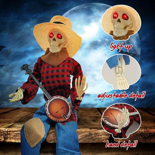 Mandotos light-up guitarist skeleton Halloween decoration, featuring a spooky skeleton figure holding a guitar with glowing lights.