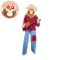 Light-up guitarist skeleton Halloween decoration by MANDOTOS, featuring a spooky skeleton holding a guitar for festive spooky decor.