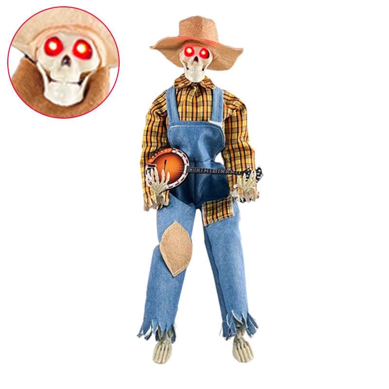 Mandotos light-up guitarist skeleton Halloween decoration with spooky details, perfect for festive spooky decor.