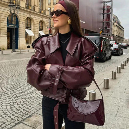 Mandotos women's loose lapel leather jacket with cropped streetwear style, perfect for casual fashion and layered looks.