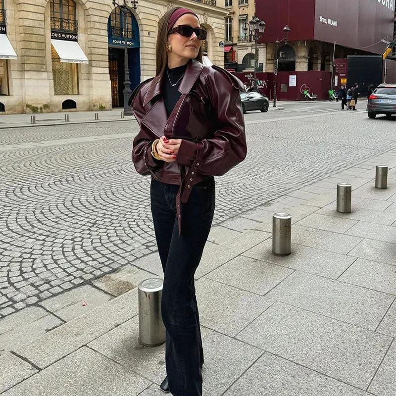 Mandotos women's loose lapel leather jacket with cropped streetwear style, stylish for casual fashion and everyday wear.