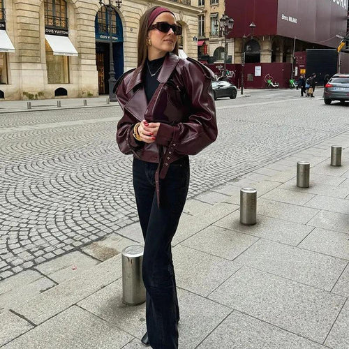 Mandotos women's loose lapel leather jacket with cropped streetwear style, stylish for casual fashion and everyday wear.