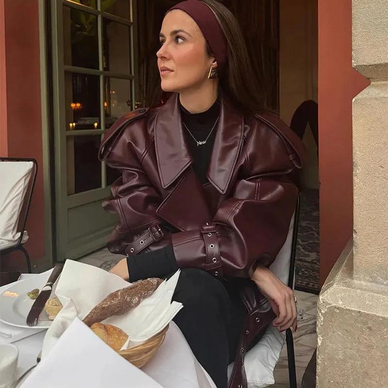 Mandotos women's loose lapel leather jacket with cropped style, streetwear fashion, versatile for casual and trendy outfits.