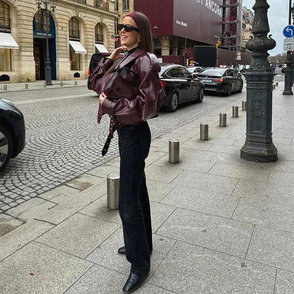 Mandotos women's loose lapel leather jacket with cropped style, stylish streetwear top, featuring a classic leather design.