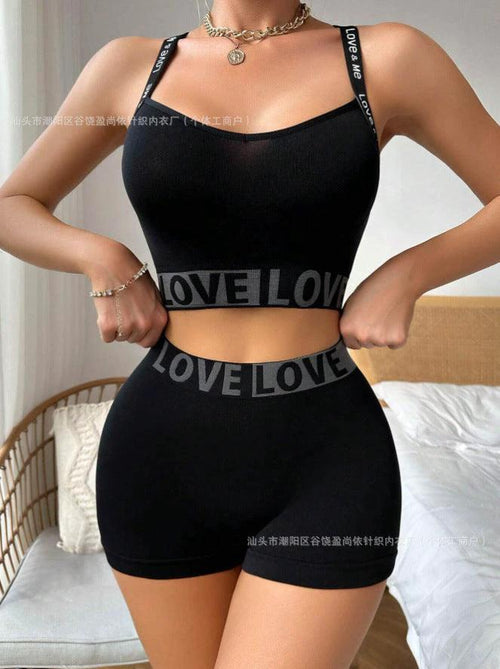 Mandotos women's love letter waist head camisole paired with matching boyshorts, stylish and comfortable sleepwear set.