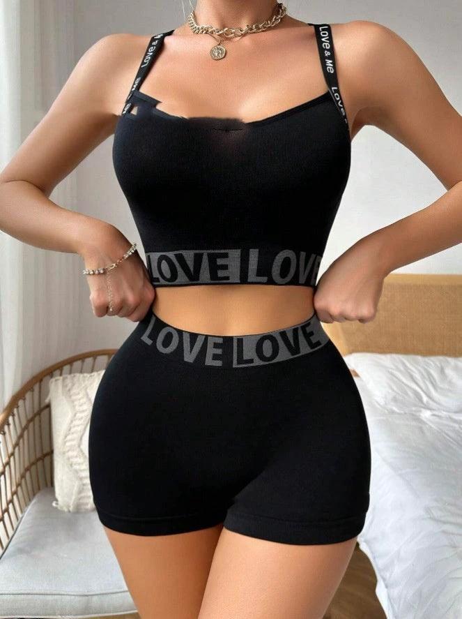 Mandotos women's love letter waist head camisole paired with matching boyshorts, featuring a playful, romantic design and comfortable fit.