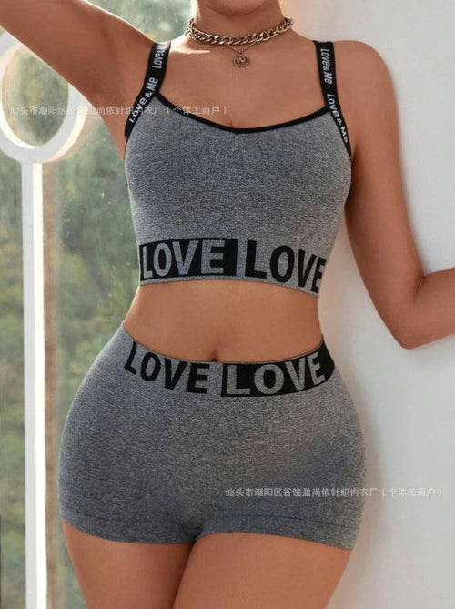 Mandotos women's love letter waist head camisole and matching boyshorts set with playful, romantic print and comfortable fit.