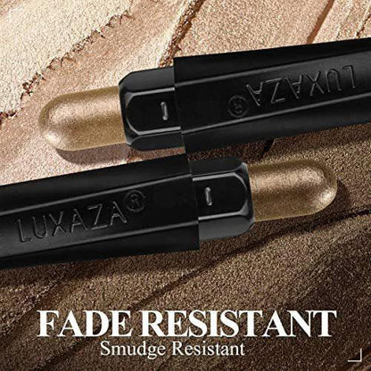 Mandotos LUXAZA shimmering neutral brown eyeshadow sticks set with six versatile shades, displayed in a sleek makeup collection.