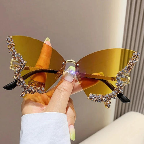 Mandotos luxury diamond butterfly sunglasses for women, Y2K vintage rimless oversized sun glasses, stylish ladies eyewear shades
