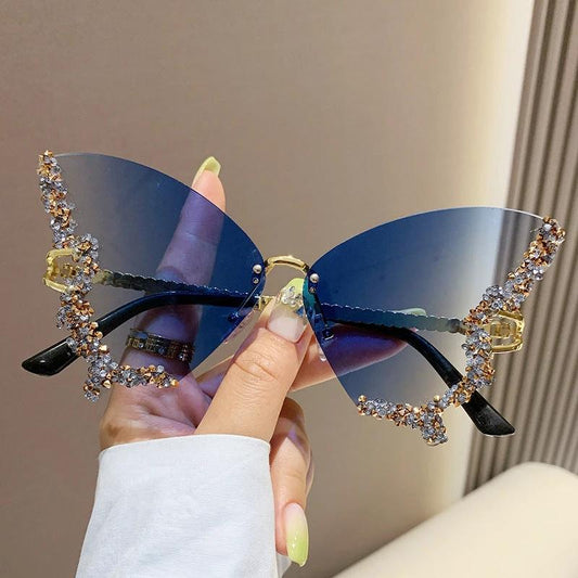 Mandotos luxury diamond butterfly sunglasses for women, Y2K vintage rimless oversized sun glasses, stylish ladies eyewear shades.