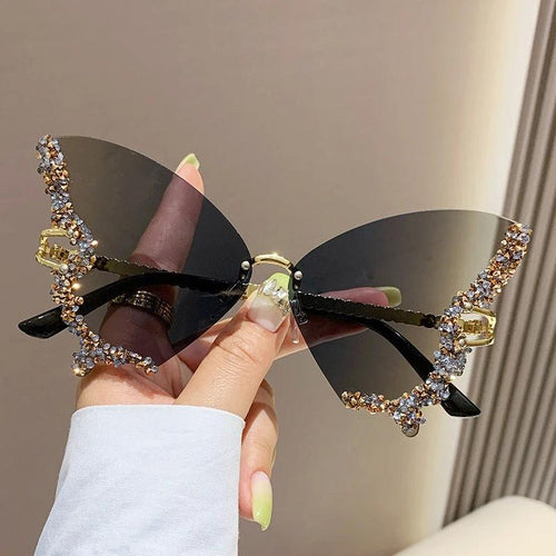 Mandotos luxury diamond butterfly sunglasses for women, Y2K vintage rimless oversized sun glasses, stylish ladies eyewear shades