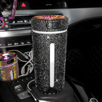 Mandotos luxury diamond car humidifier with LED light and aromatherapy diffuser, compact and stylish for vehicle use.