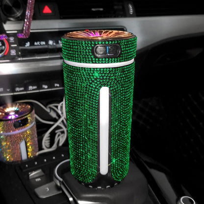 Mandotos luxury diamond-shaped car humidifier with LED light and aromatherapy diffuser in a sleek black design.