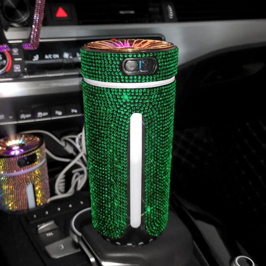 Mandotos luxury diamond-shaped car humidifier with LED light and aromatherapy diffuser in a sleek black design.