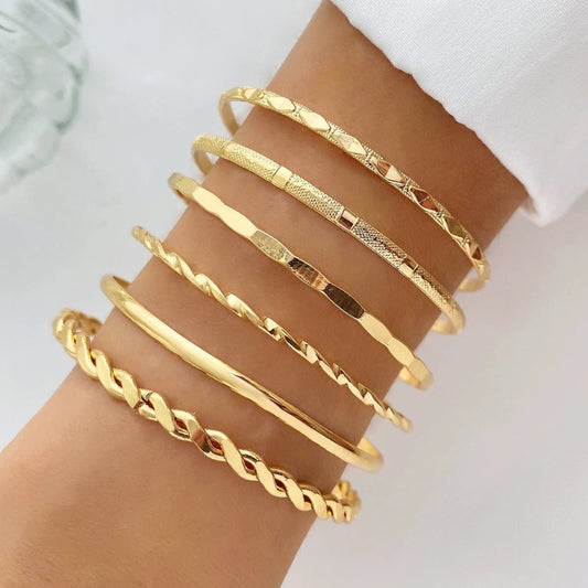 Mandotos bohemian metal chain bracelet set for women with geometric gold-tone thick link bangles, six-piece jewelry set.