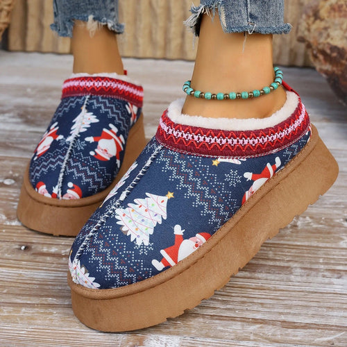 Navy Mandotos Christmas cartoon print plush-lined slip-on ankle boots for women, indoor home shoes with cozy plush interior.