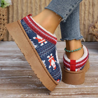 Mandotos navy Christmas cartoon print plush-lined slip-on ankle boots for women, cozy indoor home shoes with festive design.