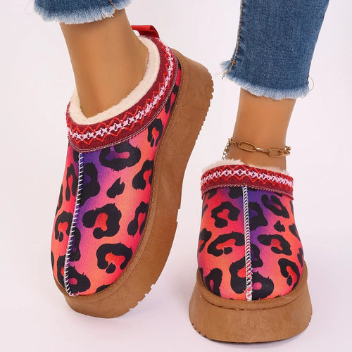 Mandotos Christmas cartoon print plush-lined slip-on navy ankle boots for women, indoor home shoes with a cozy, festive design.