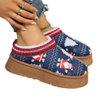 Mandotos navy Christmas cartoon print plush-lined slip-on ankle boots for women, indoor home shoes with cozy design.